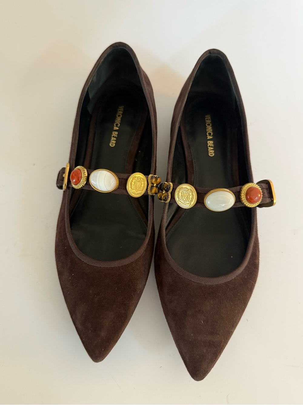 Veronica Beard Brown Suede Pointed Mary Jane Flats with Decorative Gem Strap